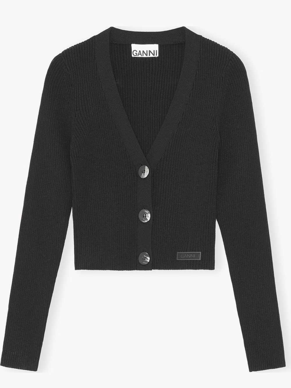 GANNI Black Ribbed Button Cardigan Sweater